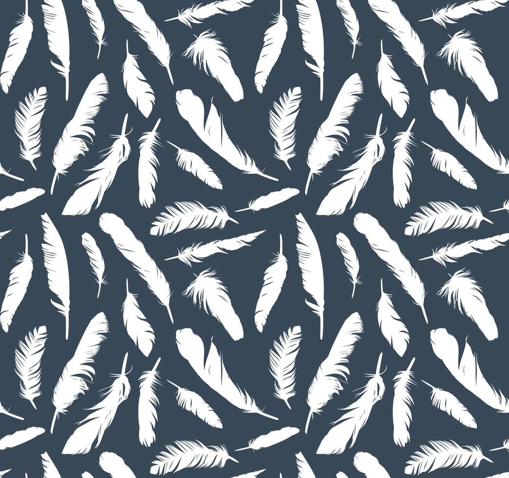 Seamless blue background with feathers of birds. vector