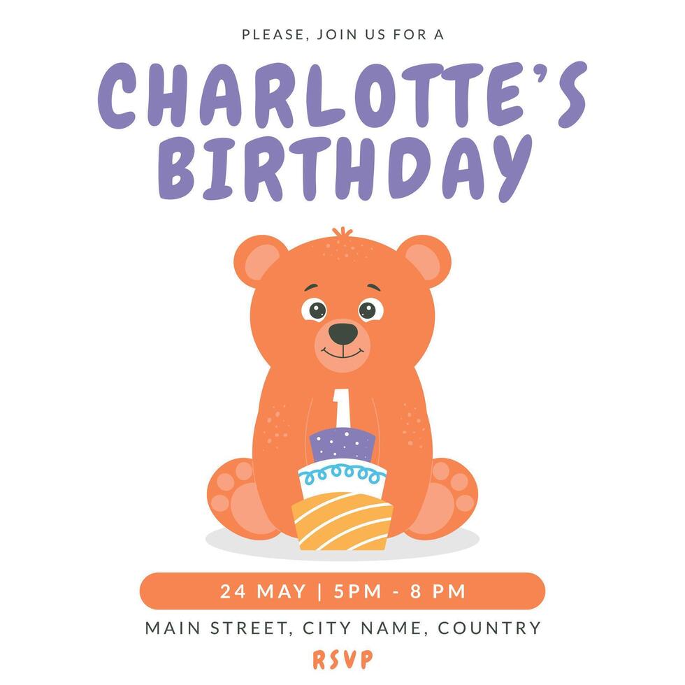 Greeting and invitation card for kids first Birthday party. Cute baby bear and cake with number 1 in flat childrens style. illustration, design for card, poster, event vector