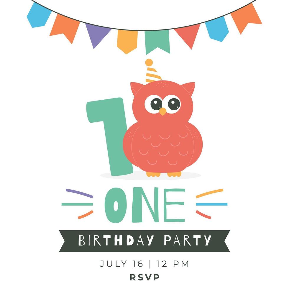 Greeting and invitation card for kids first Birthday party. Cute baby owl and number 1 in flat childrens style. illustration, design for card, poster, event vector