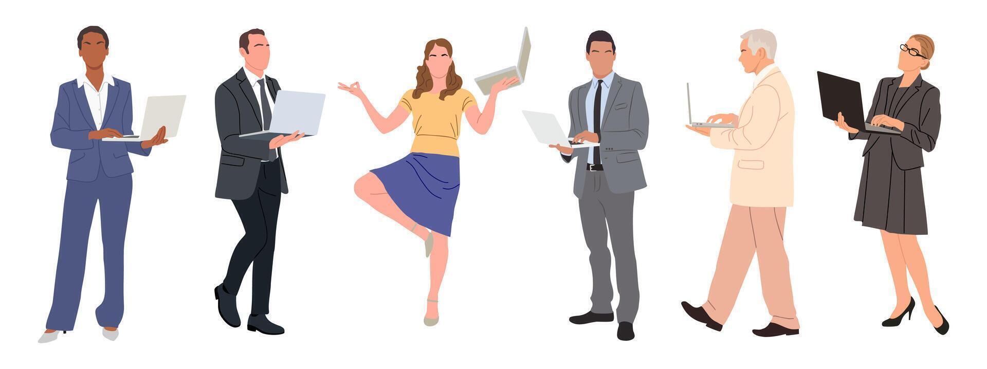 Business people working at laptop. Different men and women wearing smart casual and formal office outfits standing, walking with computer vector