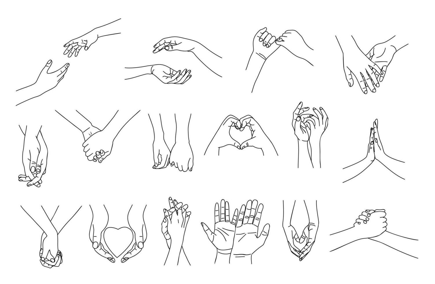 Holding Hands, Outline Drawing, Hand Holding together. Love, friendship, unity and support concept. Monochrome hand drawn ink style sketch vector