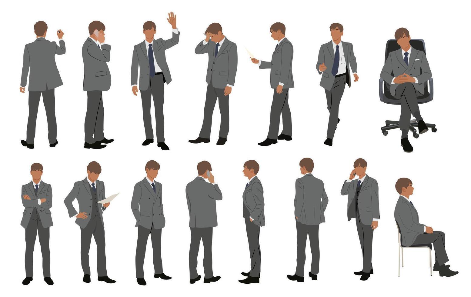 Set of Businessman character in different poses. Handsome man wearing formal suit standing , running, sitting, using phone, front, back and side view vector