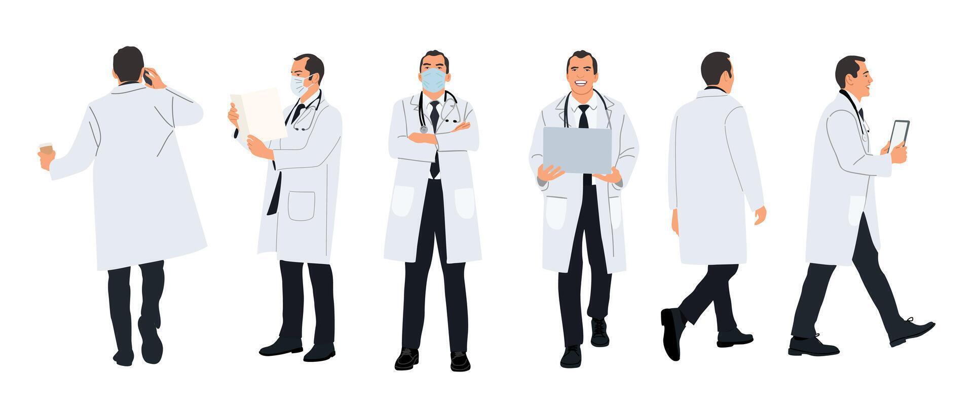 Male doctor character in different poses front, side, back view. Handsome confident healthcare professional in lab coat, mask, with laptop, stethoscope, phone vector