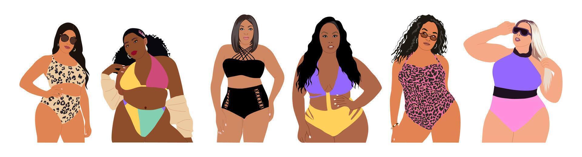 Happy Curvy girls in bikini illustration isolated on white. Plus size models in swimsuit. Body positive concept. Beautiful women with different skin colors. vector