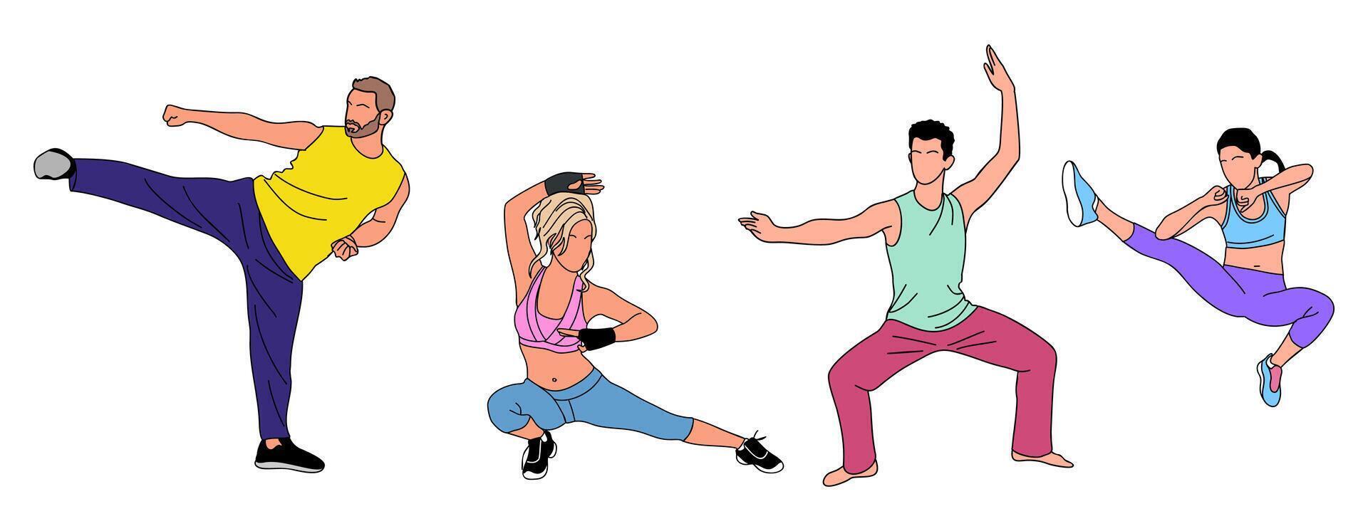 Martial art training male and female cartoon characters set. People doing asian martial art exercises isolated on white background. Karate, judo, tai chi, taekwondo sport outline illustrations. vector