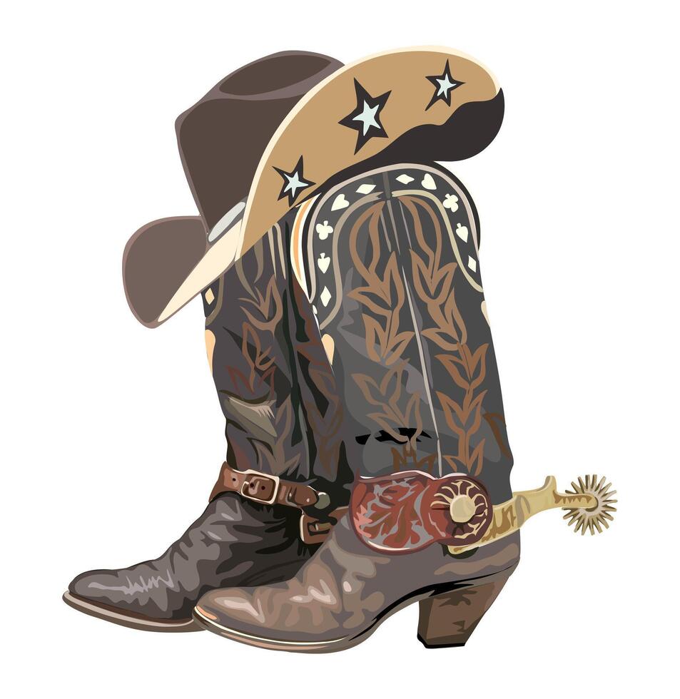 Pair of western cowboy boots with spurs and hat. Stylish cowgirl boots and hat embroidered with traditional american symbols vector