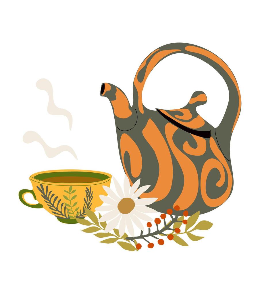 Asian teapot with teacup, leaves, camomile flower and berries. Teatime composition vector