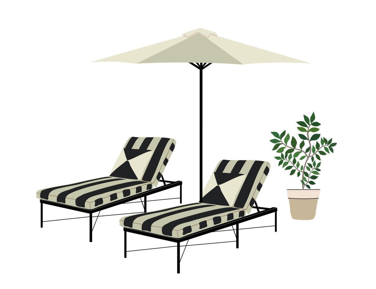 Two black and white lounge chairs are under a white umbrella. A potted plant is next to the chairs vector