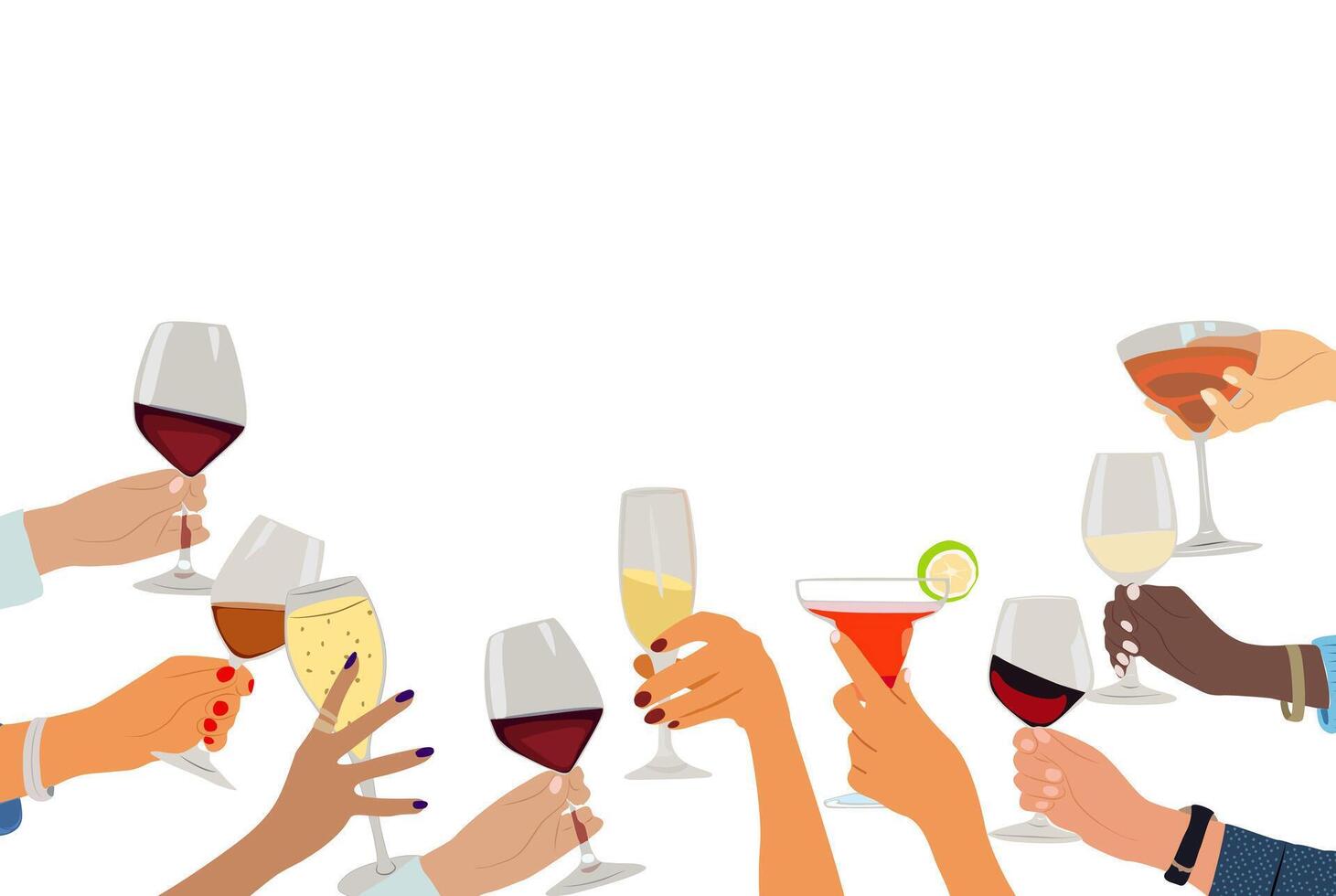 Celebration and festivity, isolated hands holding glasses with drink, champagne, wine, cocktail. Cheers border, banner, card, invitation template with copy space for text vector