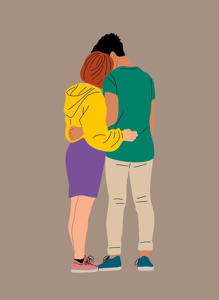 Young couple, man and woman standing together back view, hugging each other. vector