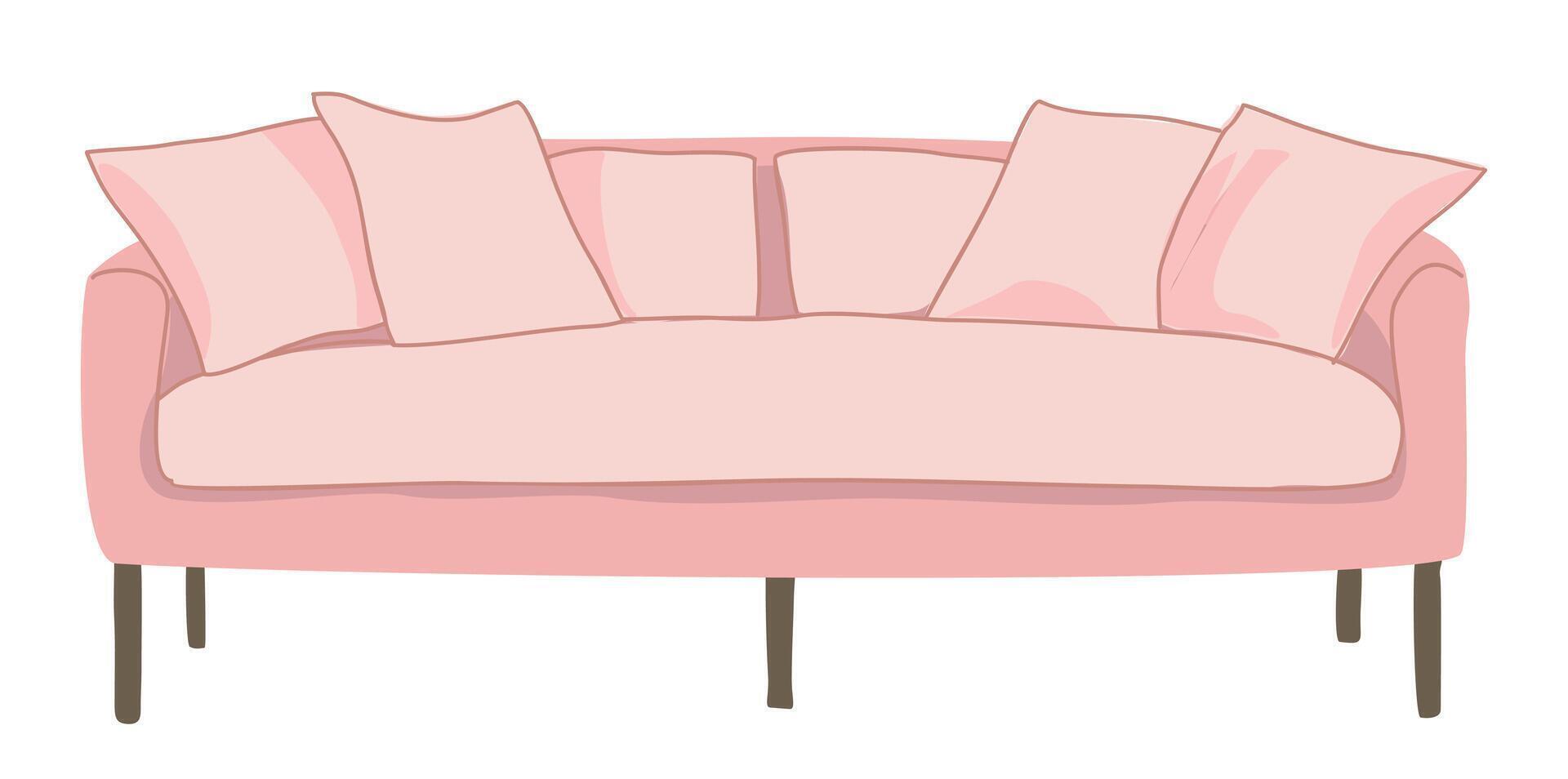 Stylish comfortable pink sofa flat illustration. Modern fabric couch with pillows isolated on white background. vector