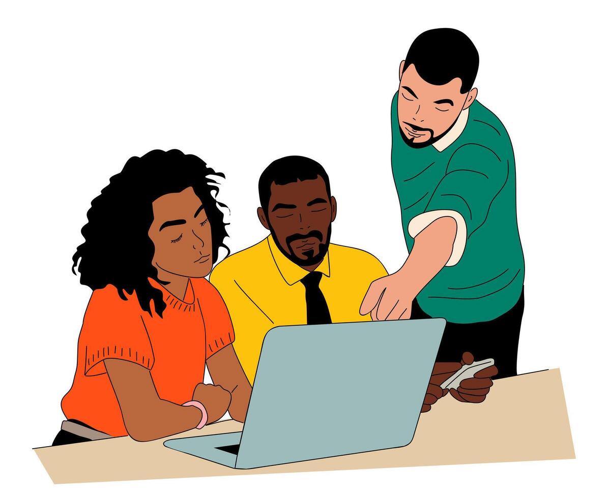 Business people sitting at a table with laptop in front of them. One of the people is pointing at the computer screen. Scene is collaborative and focused. Effective teamwork concept. vector