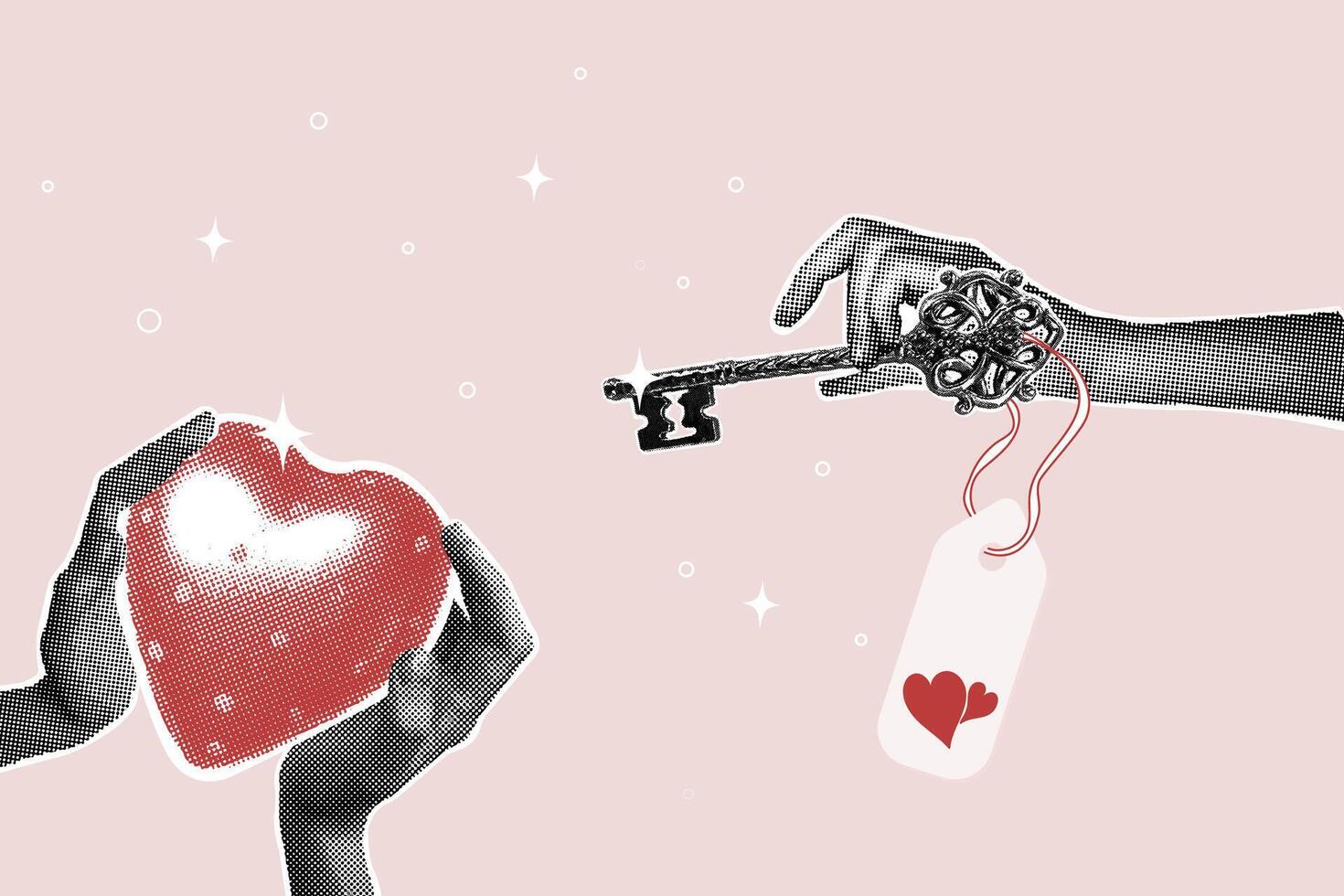 Trendy halftone collage.Heart key. Hands gently holding red halftone heart and key. Concept of communication, careful attitude to each other. Fashionable retro collage from the 90s vector