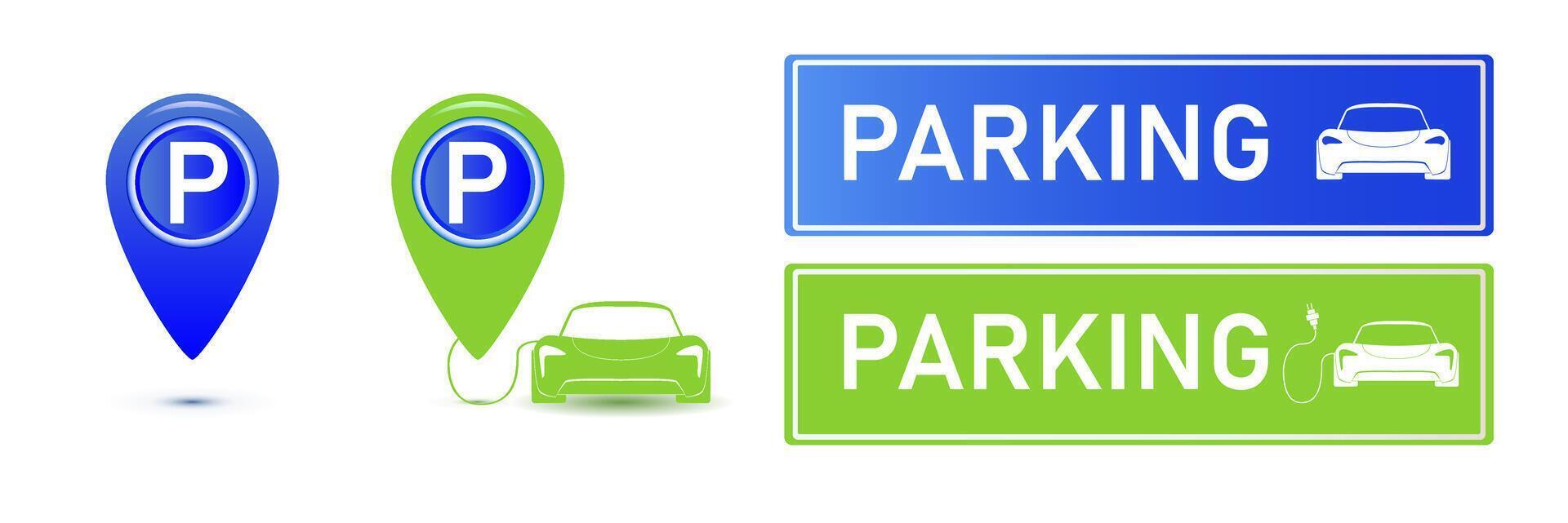 Car parking eco electric icon set. Parking and traffic signs isolated on white background. Map parking pointer. vector