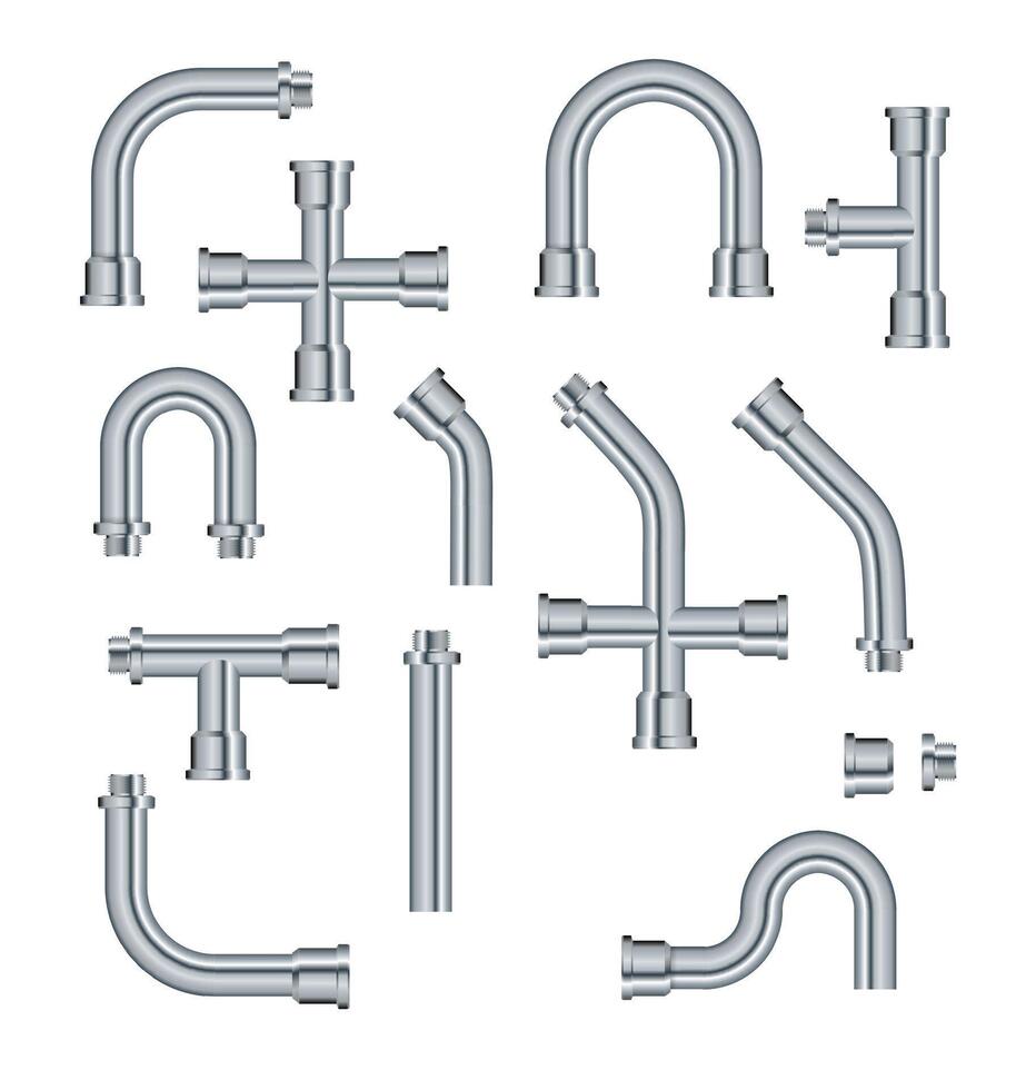 Pipe. Metallic pipes plumbing fittings. Industry pipeline. vector