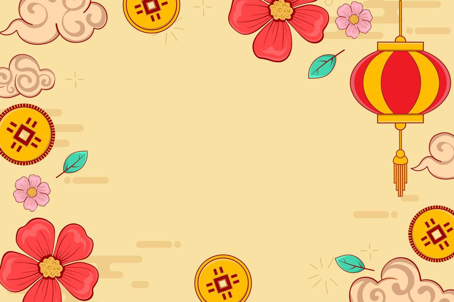 Happy Chinese New Year Yellow and Red Lantern, Greeting Card on Vibrant Fun Colorful Background. Lunar New Year Calendar with Gold Coin, Pink Flower and Cloud Ornament vector