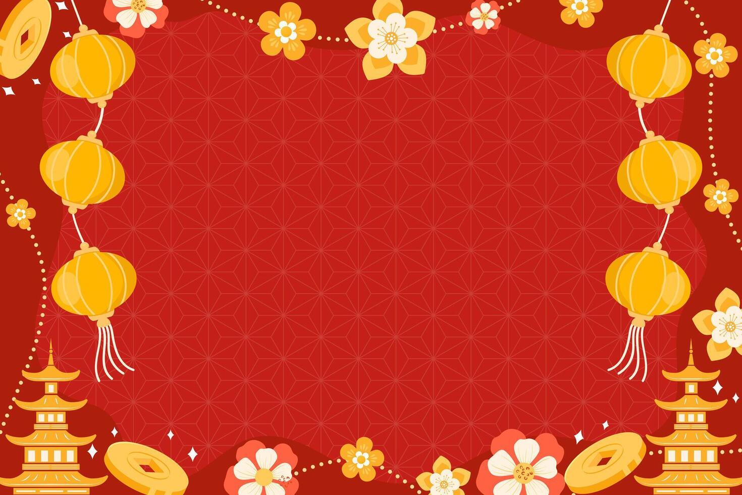 Happy Chinese New Year, Greeting Card on Vibrant Fun Colorful Background. Lunar New Year Calendar with Yellow Lantern, Gold Coin, Flower and Asian Temple Ornament vector