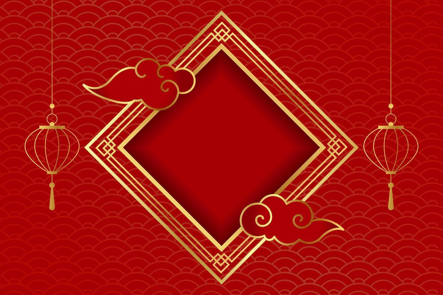 Happy Chinese new year. Chinese new year banner with rectangle for show product. Greeting card. China frame with lantern and cloud on red background. vector