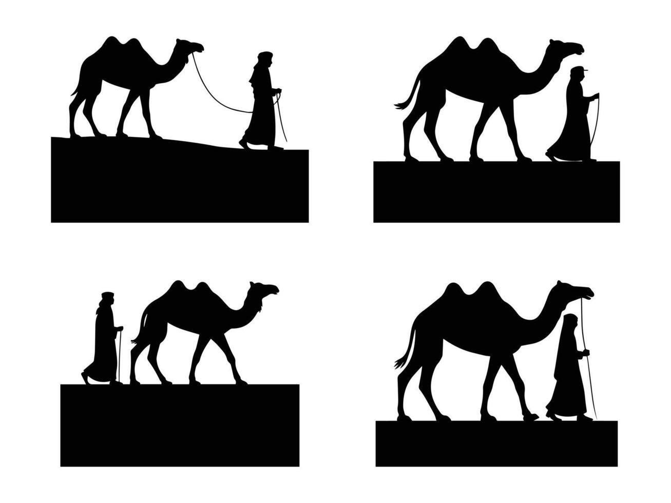 Four Silhouettes of People and Camels on a Journey vector