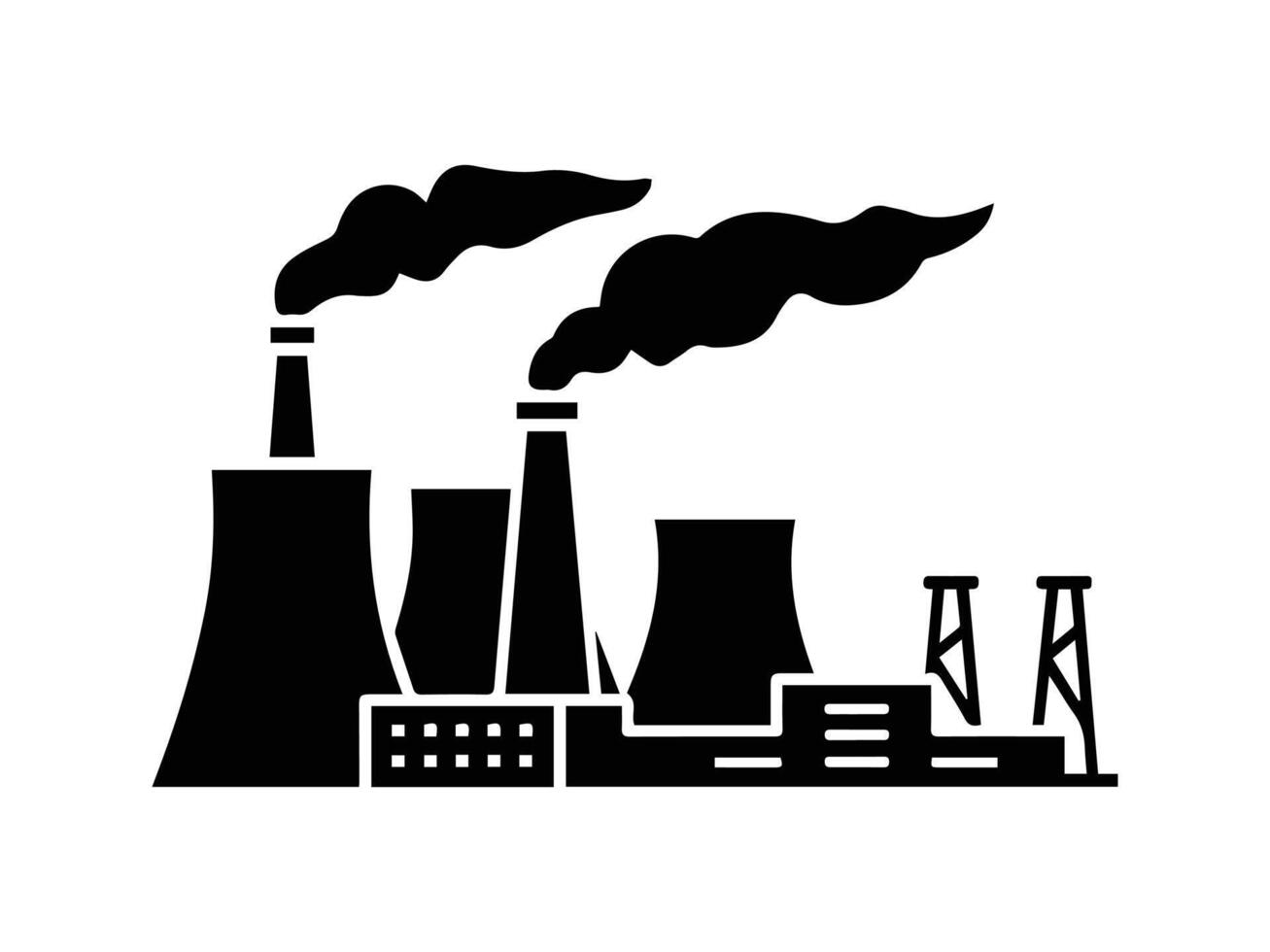 Industrial power plant emitting smoke, a simple black and white silhouette design. vector