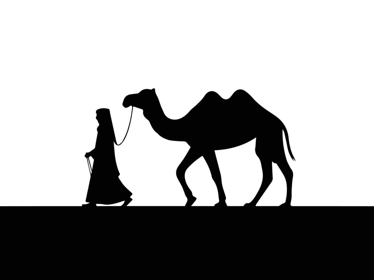 Silhouette of a woman and camel on a desert journey vector