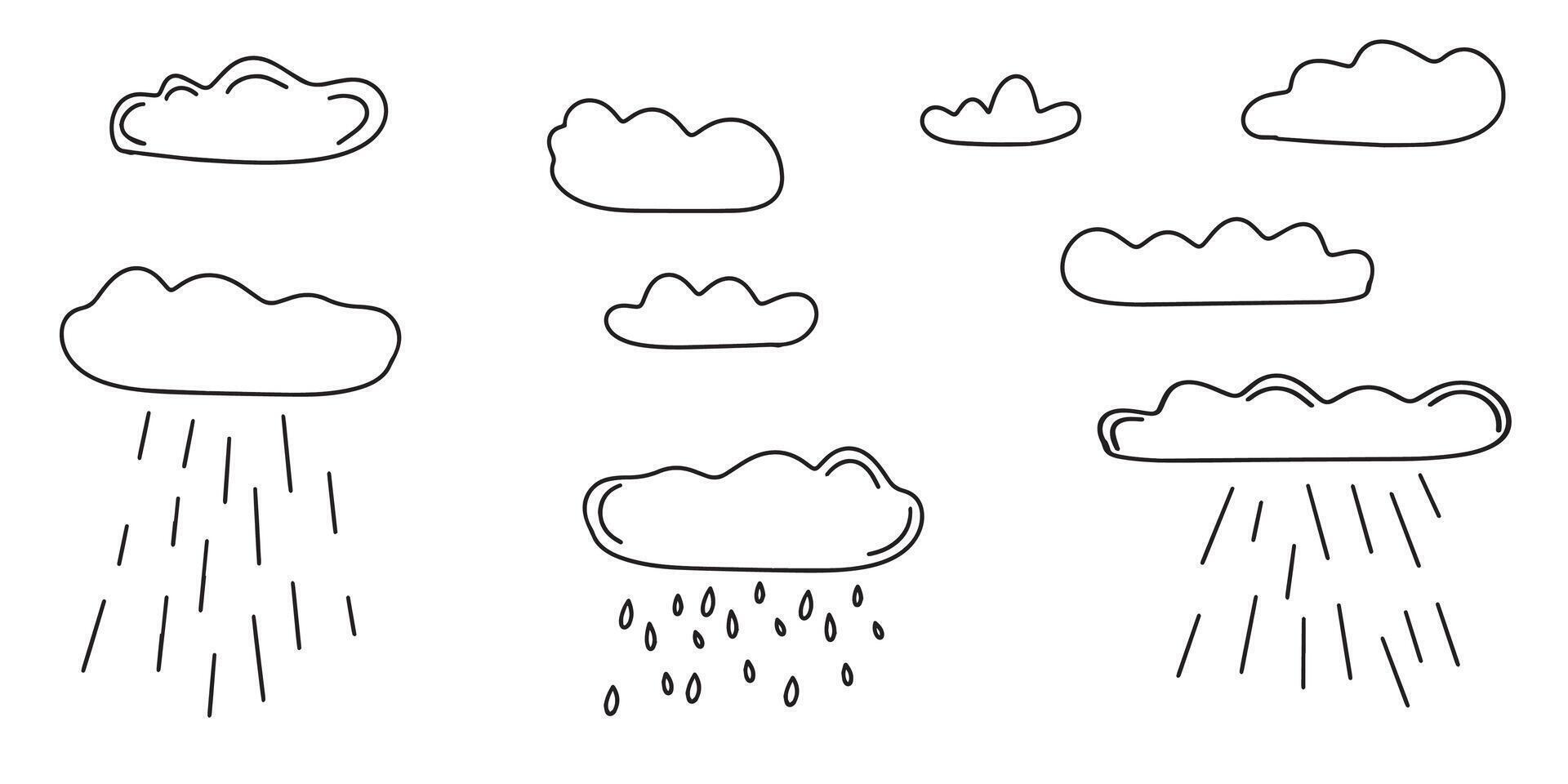 Hand drawn clouds with precipitation. Rain, downpour. Clouds and precipitation in doodle style. illustration vector