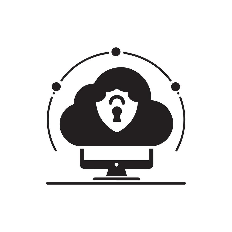 black and white cloud icon with a lock on it vector