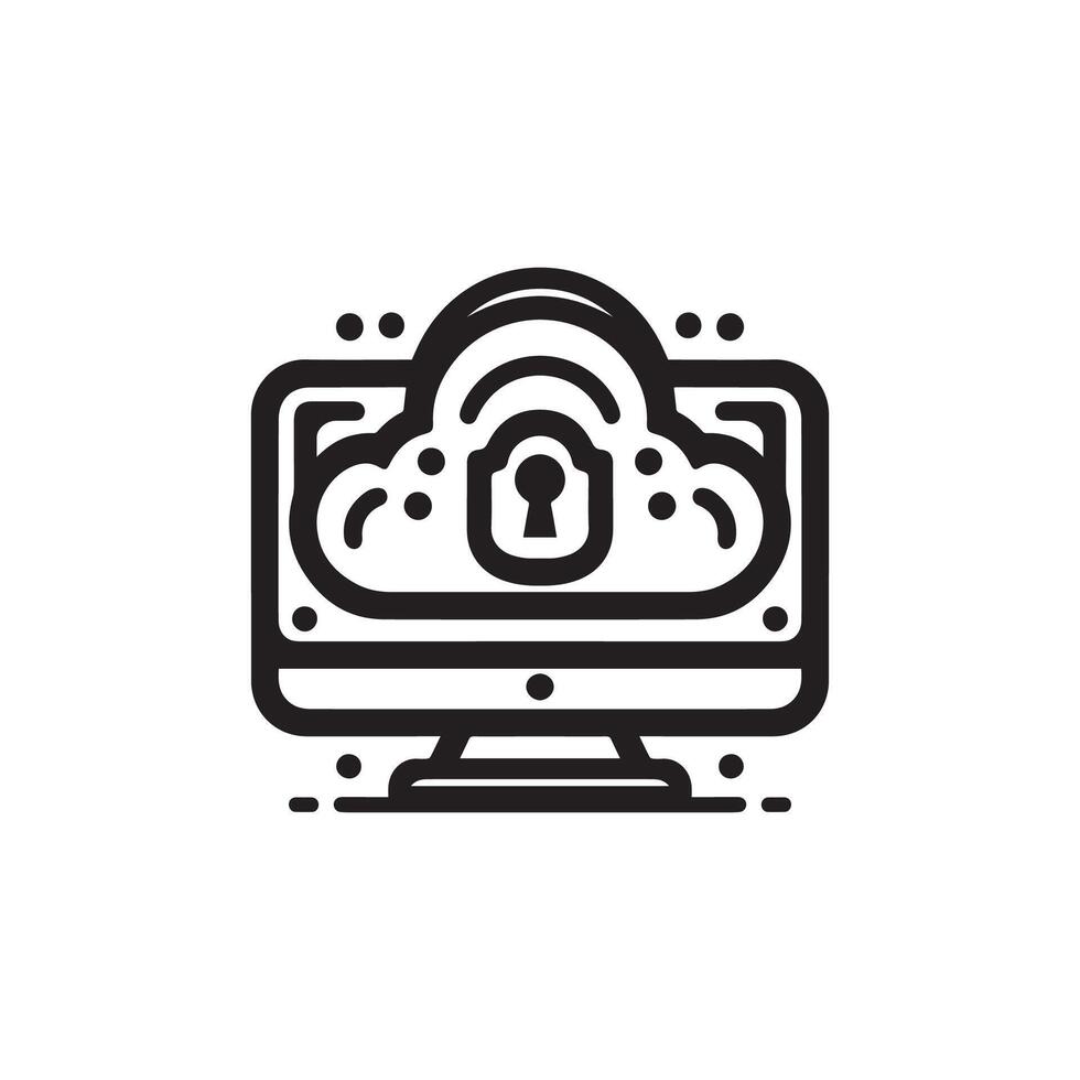 black and white illustration of a computer screen with a lock on it vector