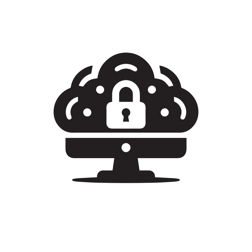 black and white icon design of a computer with a padlock on it vector