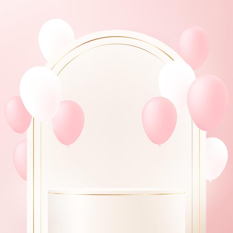 Pink background 3d with beige podium and balloon. 3D abstract studio room with pedestal podium. Space for selling products, backdrop, wallpaper, background, text. illustration. vector