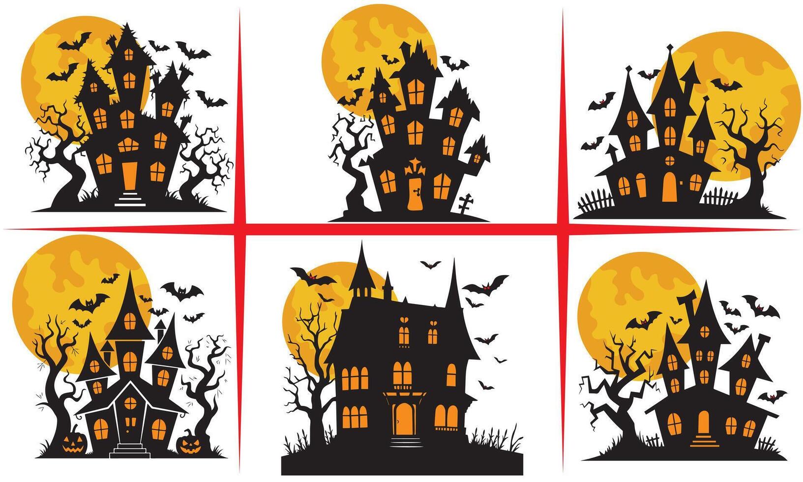 cemetery on halloween night with evil pumpkins, bats and in the background a haunted castle and the full moon. Halloween Banner illustration Set vector