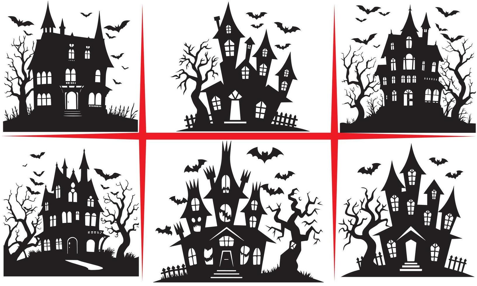 Halloween haunted house with bats silhouette Set vector