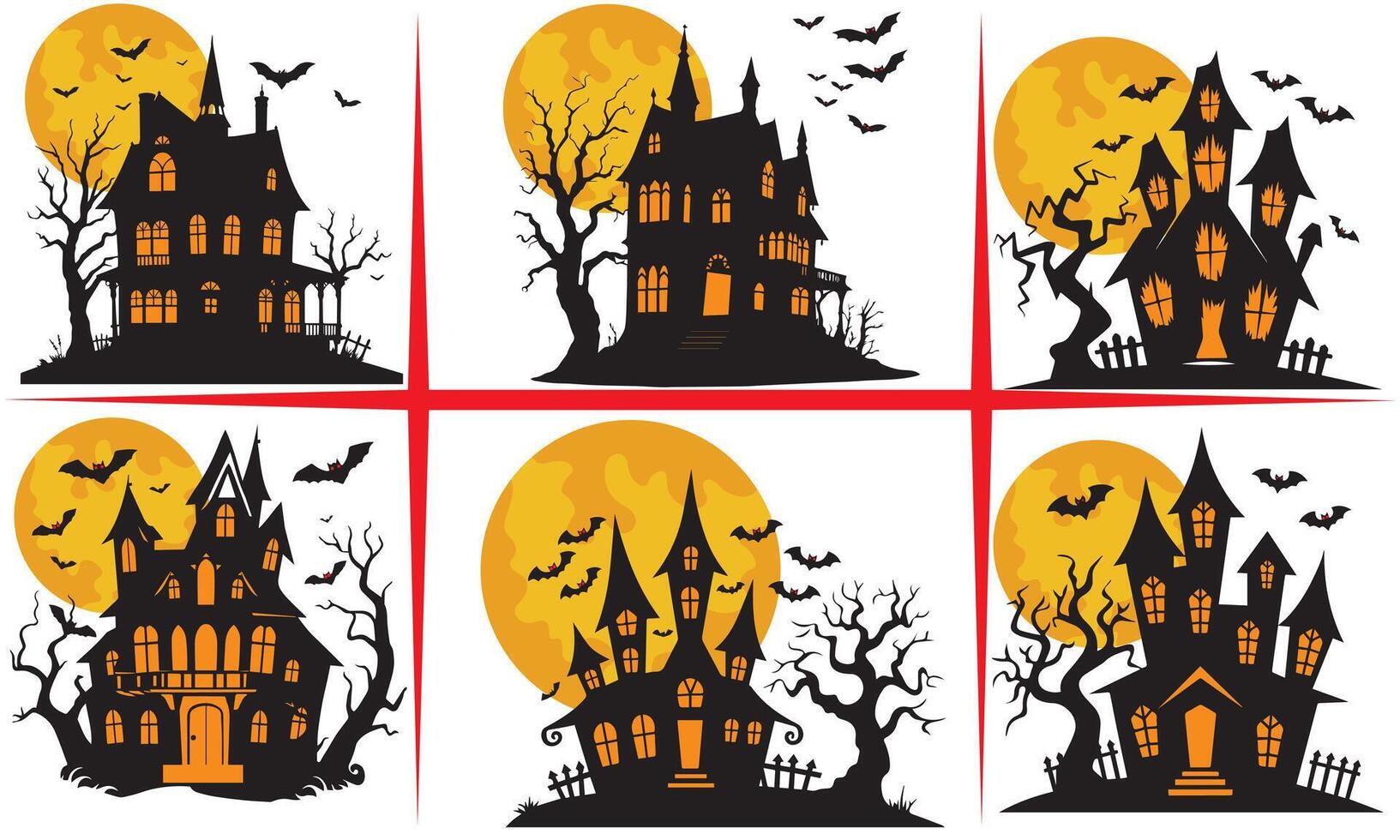 cemetery on halloween night with evil pumpkins, bats and in the background a haunted castle and the full moon. Halloween Banner illustration vector
