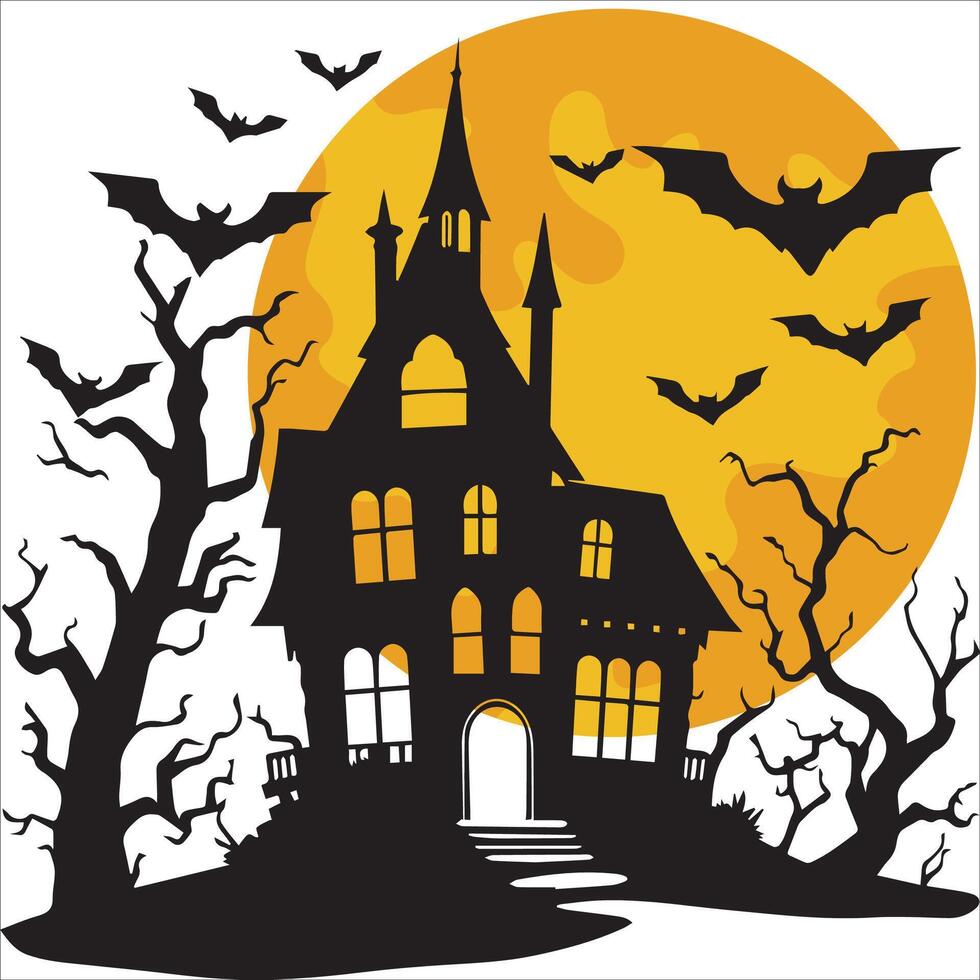Dark Night Haunted House Silhouette with Moonlight vector