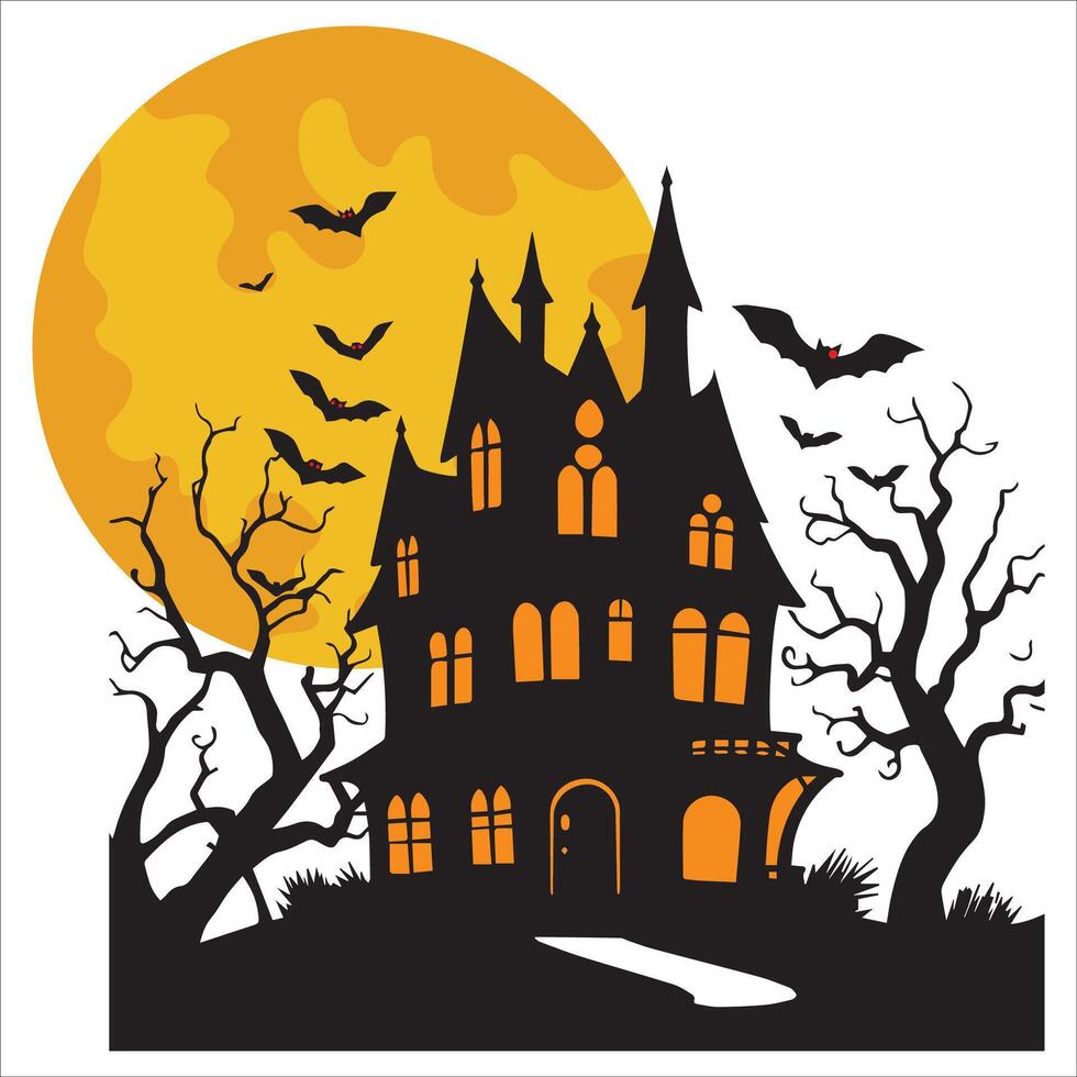 Haunted House Under Full Moon and Bats vector