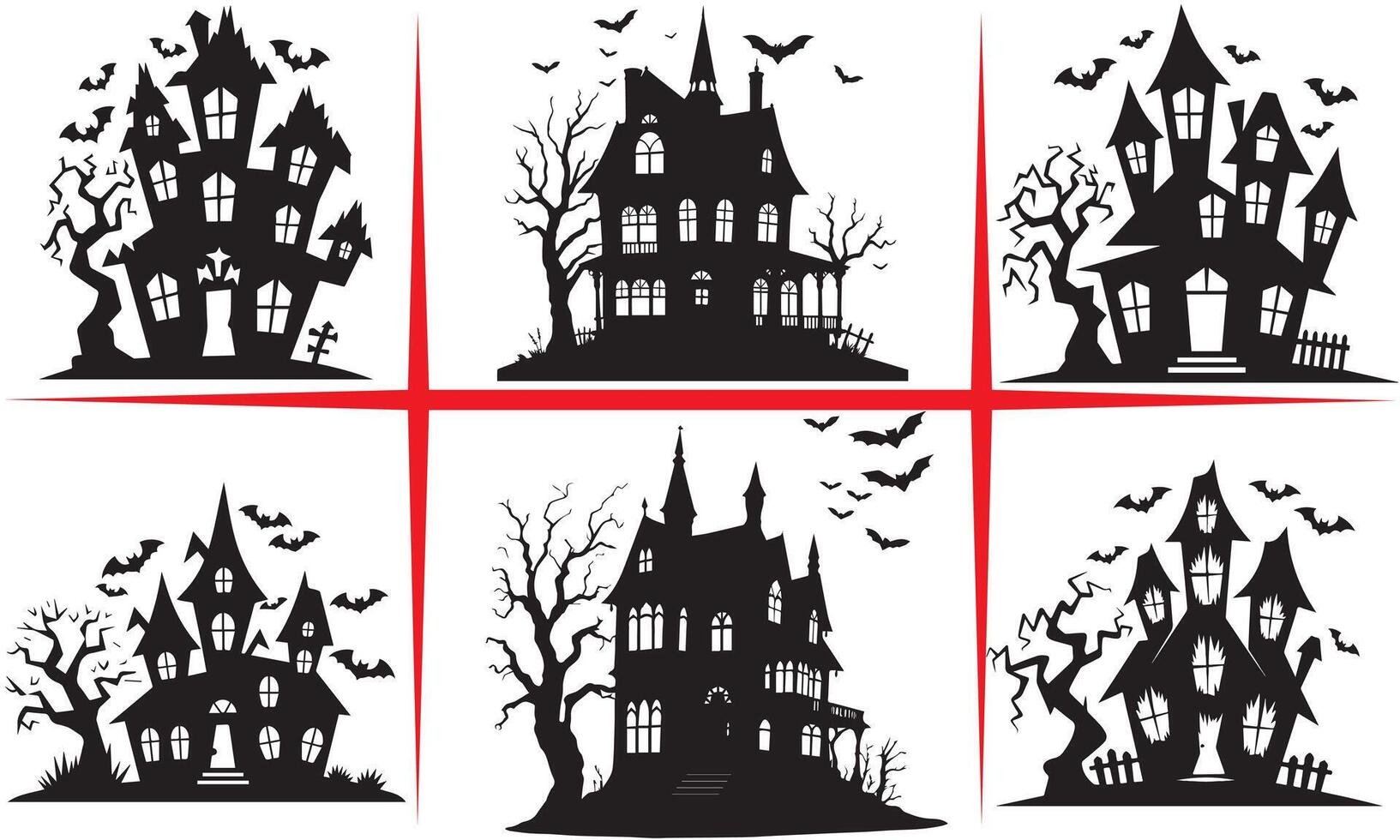 Halloween haunted house with bats silhouette Set Design vector