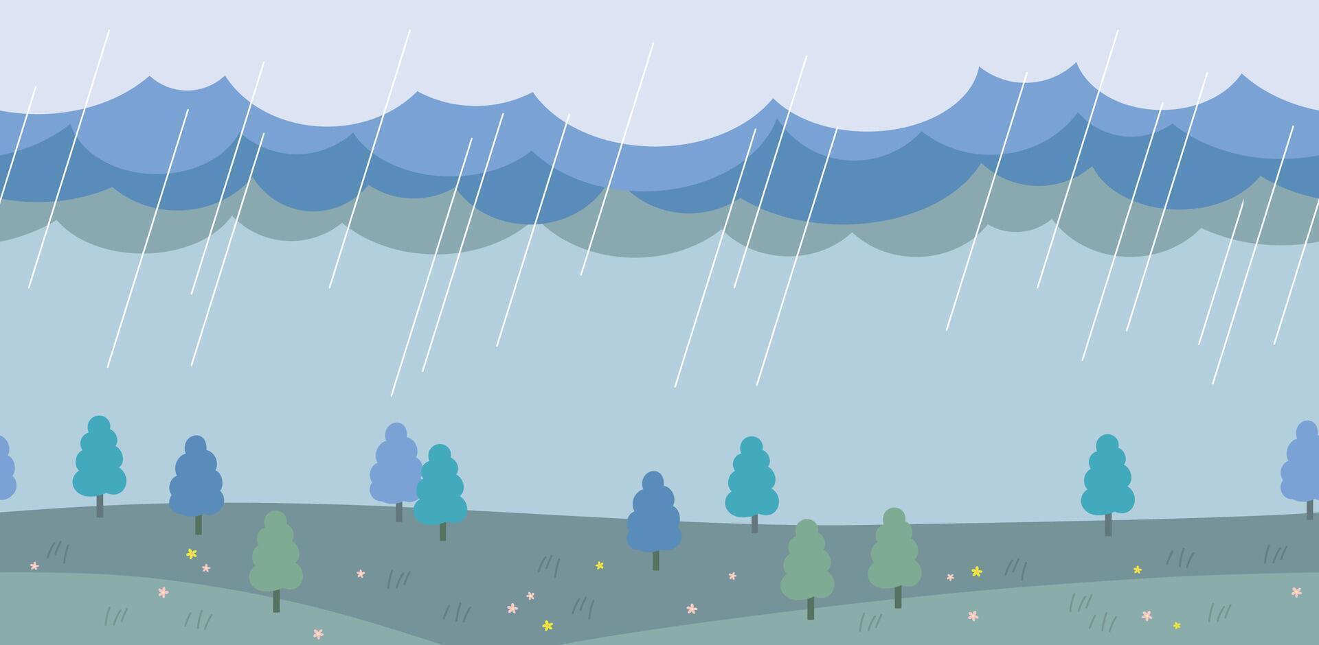 Seamless Flat-Style Rainy Day Landscape. Horizontally Repeatable. vector