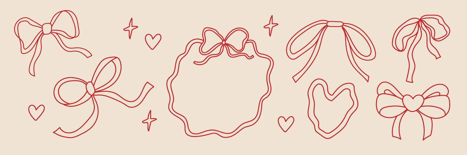 Decorative hand-drawn bows and hearts arranged on a light background for festive occasions and creative projects vector