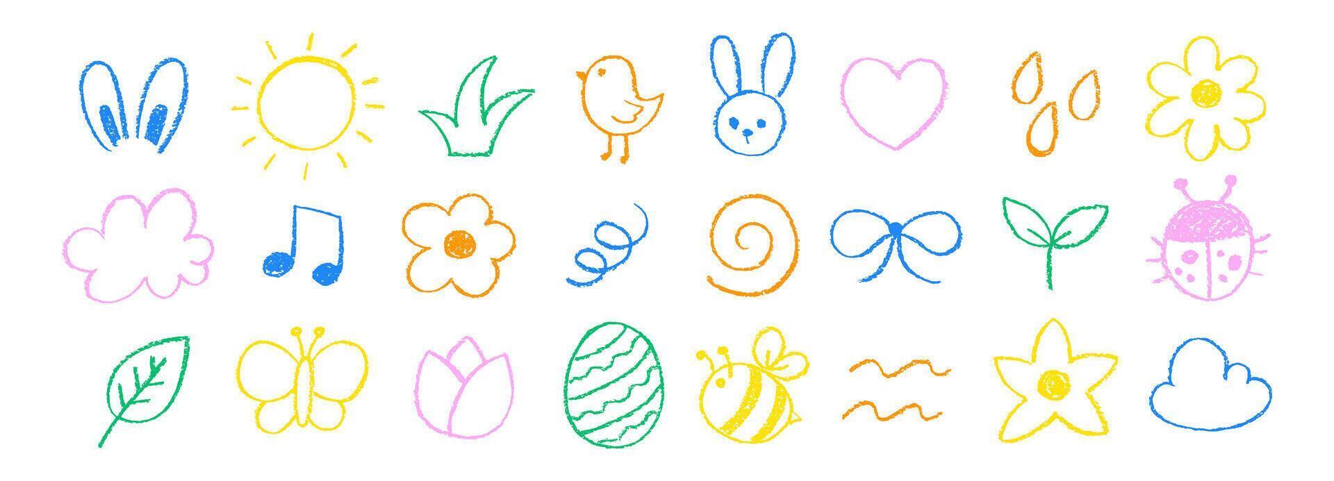 Set of elements of spring with crayon, chalk or pastel texture. Flower, butterfly, egg, bunny illustration painted by pastel or pencil. Color doodle illustration. vector