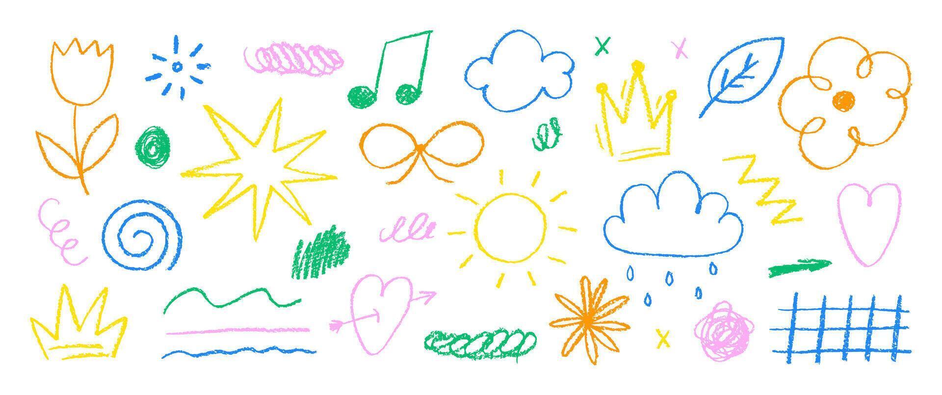 Set of childish elements with crayon texture. Star, music, crown, and flower painted by chalk or pastel. Color doodle illustration on a white background. vector