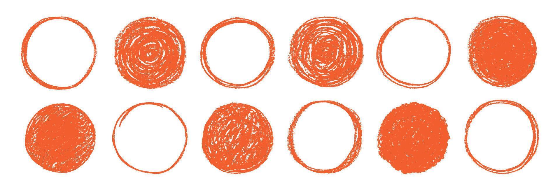 Scribble circle round frame with crayon or chalk texture. Hand drawn black coal objects for design use. Red illustration on a white background. vector