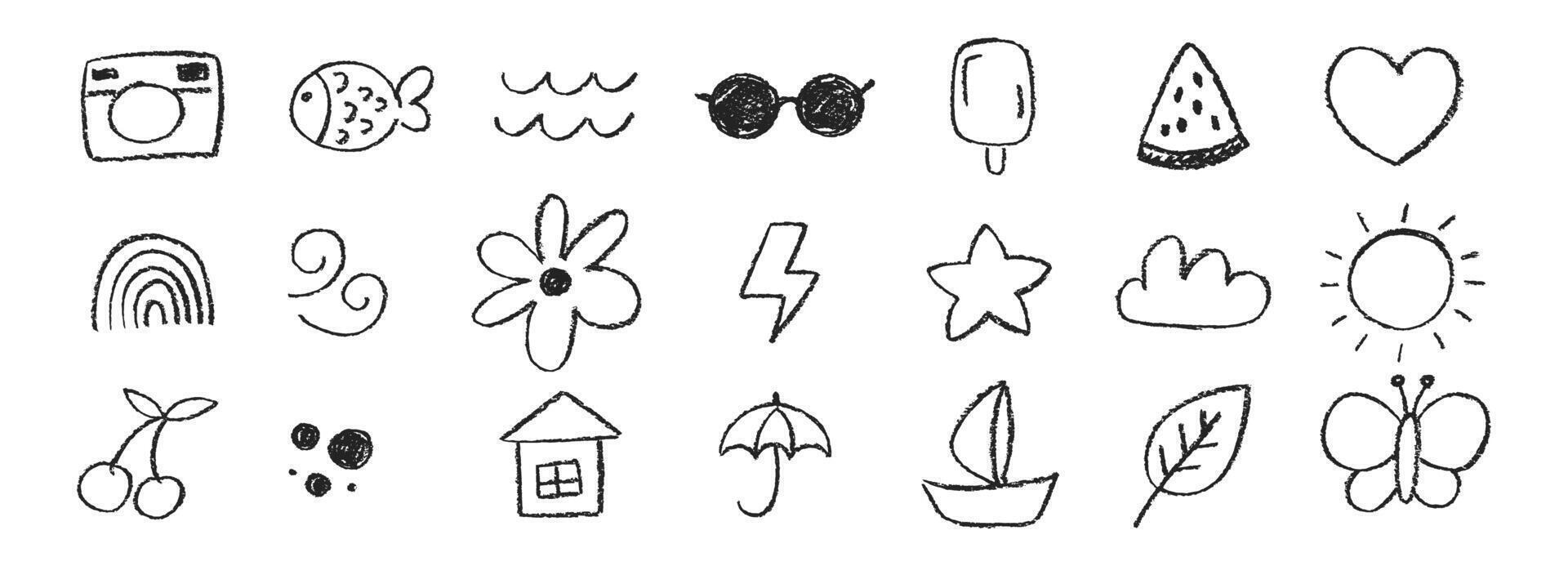 Set of elements of summer or spring with crayon, chalk or pastel texture. Flower, butterfly, heart and umbrella illustration painted by pastel or pencil. Doodle illustration. vector