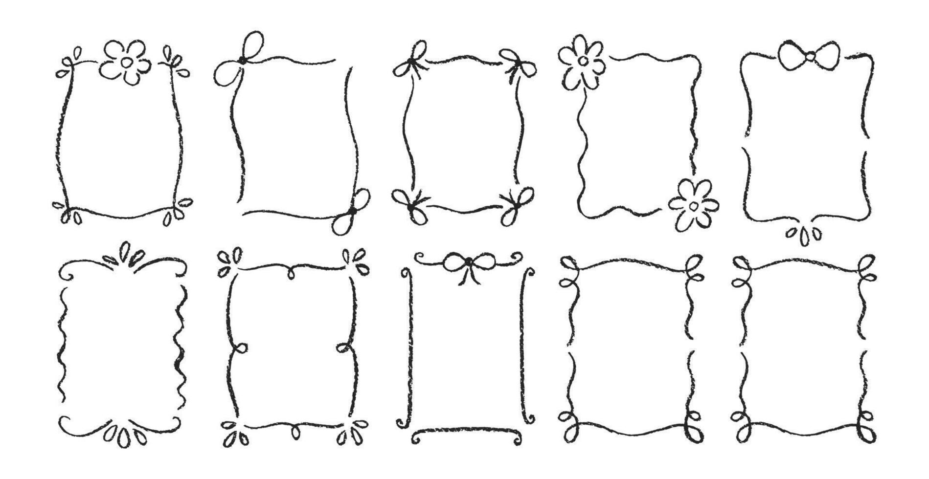 Hand drawn scribble kids frame set with pastel or chalk texture. Doodle decoration with flowers and bows. Crayon illustration. vector
