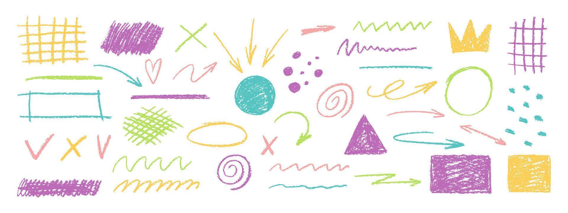 Crayon scribble arrow, underline and square. Grid, dots and waves with crayon texture. Color illustration on a white background. vector