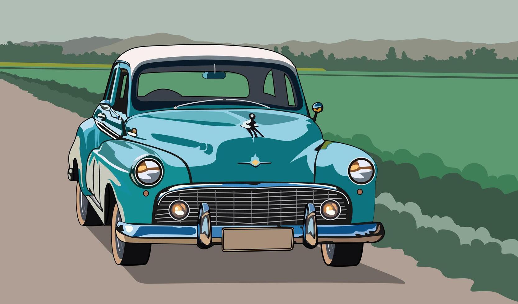 Classic car on the country road illustration for design elements. vector