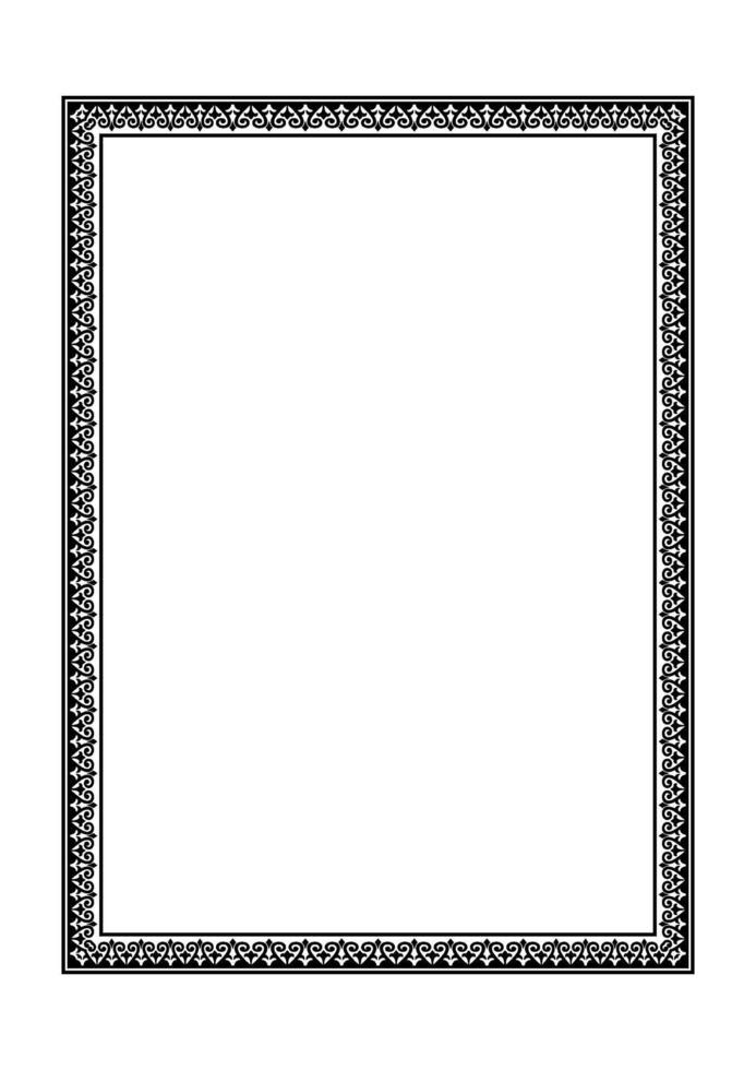 Black rectangular Vertical Islamic Asian Kazakh national ornament frames. A4 format. Abstract Asian Kazakh pattern frame, elements of the national pattern of the ancient nomads of the Turks, Kazakhs vector