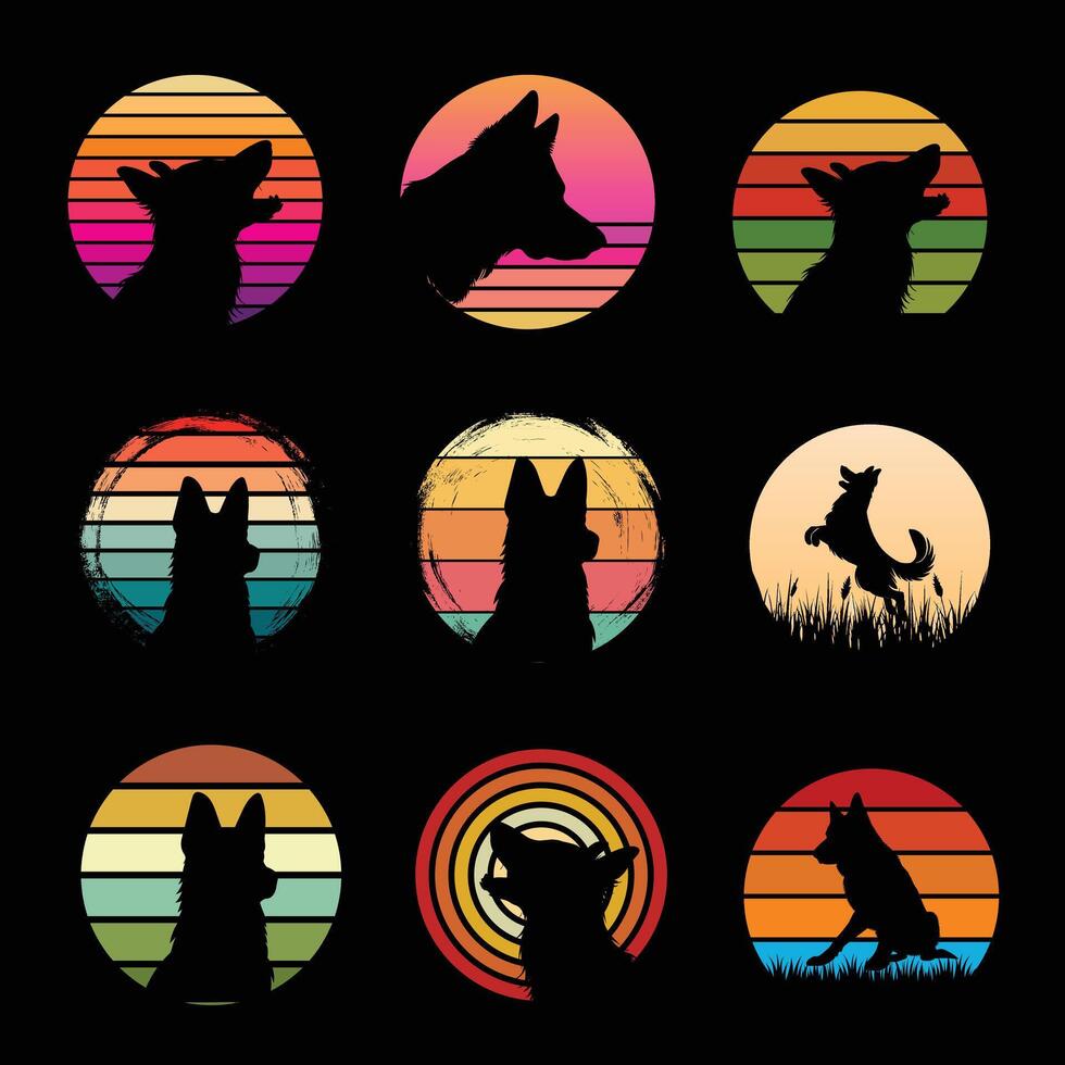 Retro Sunset Illustration with German Shepherd Bundle vector