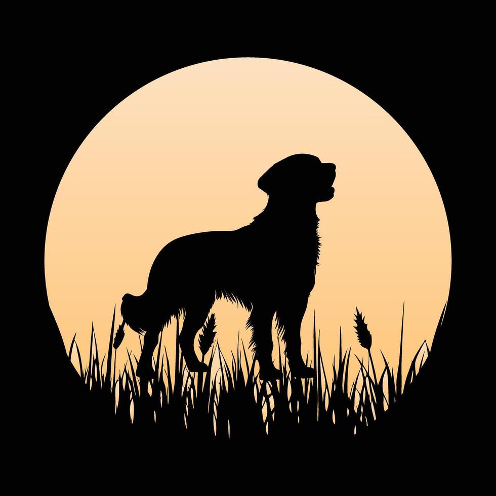 Golden Retriever Silhouette with Sunset Vintage Look vector