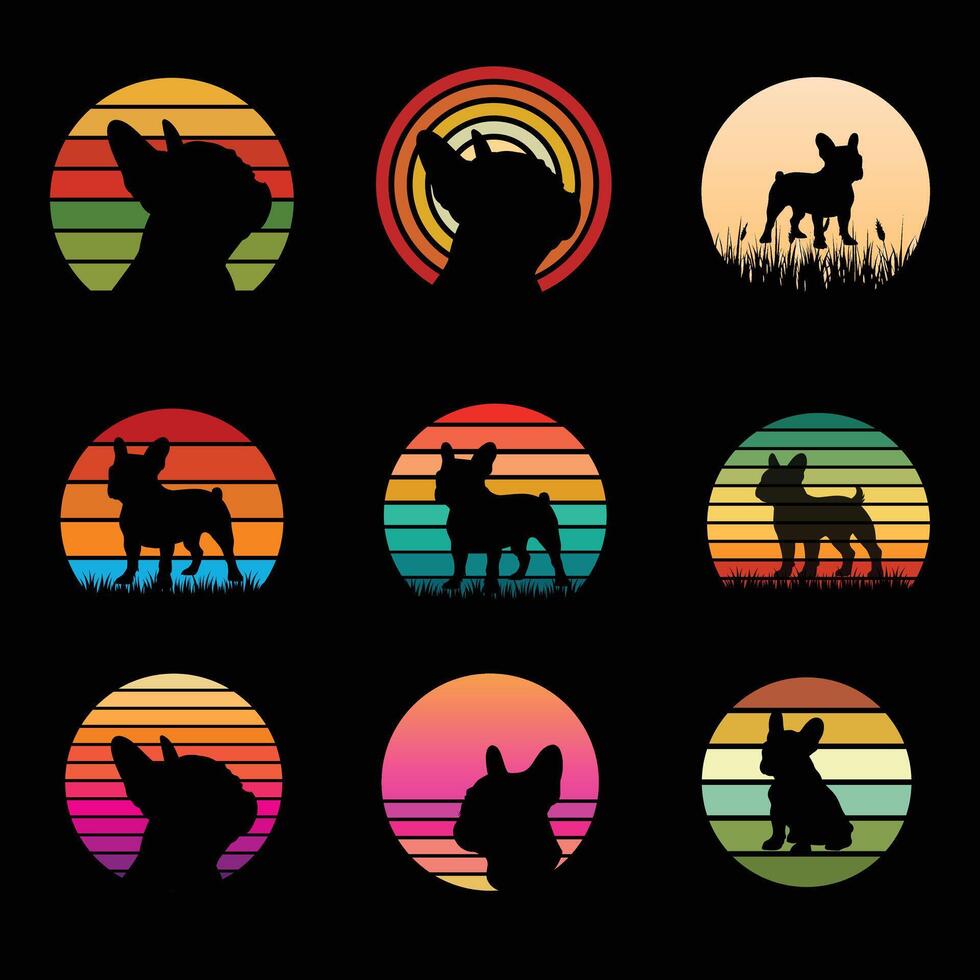 French Bulldog Dog Retro Sunset Illustration Bundle vector