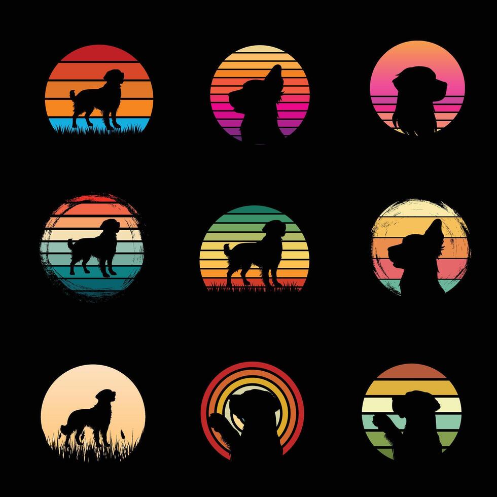 Golden Retriever with Vintage Sunset Illustration Design Bundle vector